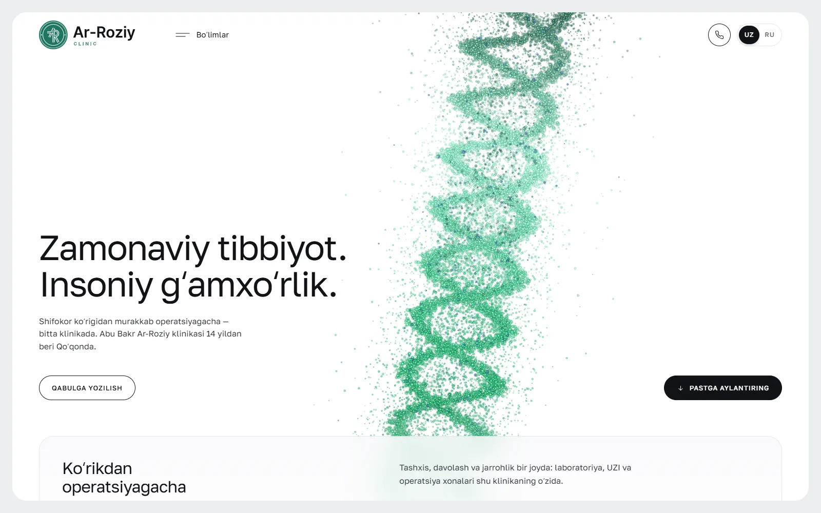 Ar-Roziy saytining bosh ekrani: oq fonda “Zamonaviy tibbiyot. Insoniy gʻamxoʻrlik.” sarlavhasi va yashil DNK spirali.