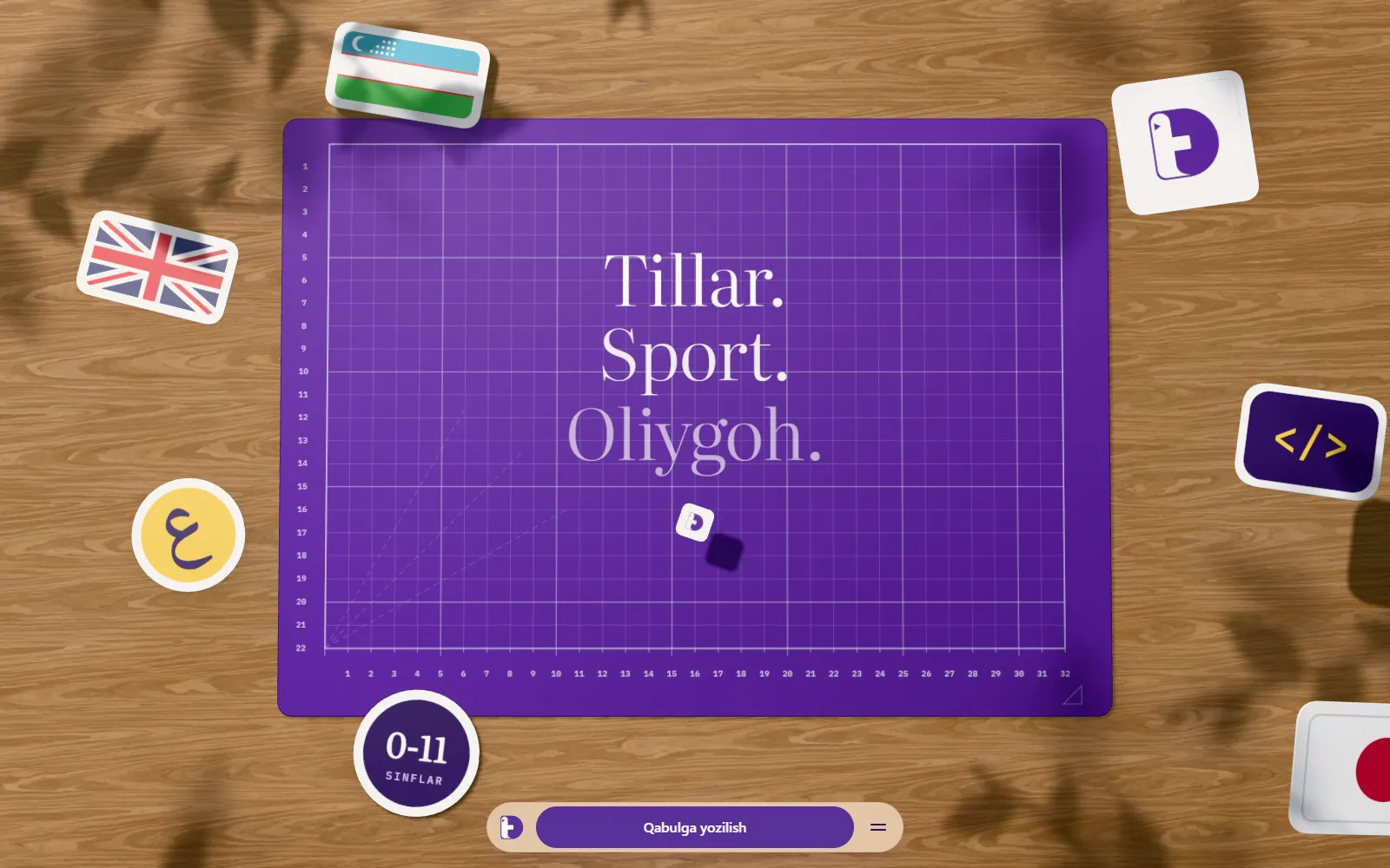 “Tillar. Sport. Oliygoh.” ekrani: chizma gilamchasi atrofida bayroqlar, arab harfi va kod belgisi.