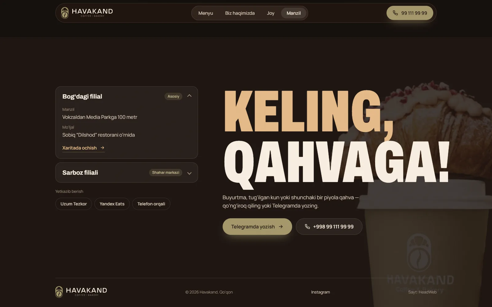 “Keling, qahvaga!” boʻlimi: ikki filial manzili, Telegram va telefon tugmalari.