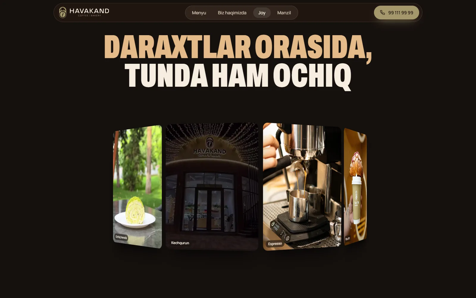 “Daraxtlar orasida, tunda ham ochiq” boʻlimi: qahvaxona zali va bogʻdagi suratlar.