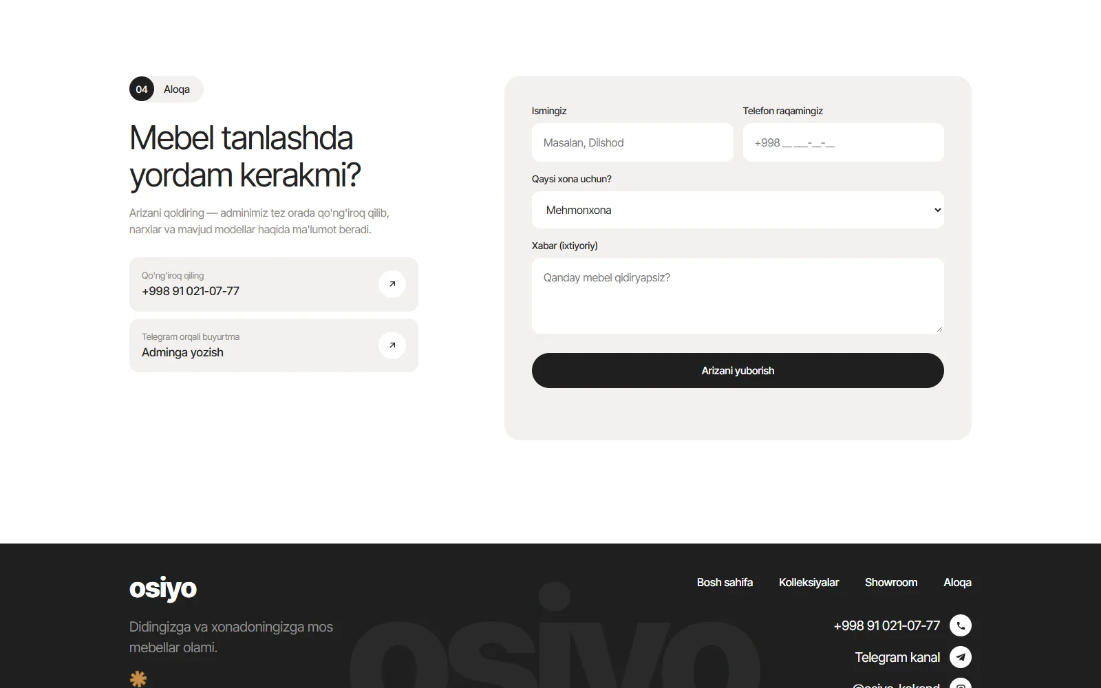 Aloqa boʻlimi: “Mebel tanlashda yordam kerakmi?” sarlavhasi, qoʻngʻiroq va Telegram tugmalari va ariza formasi.